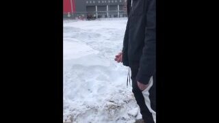 The boy, saying goodbye to the winter, decided to masturbate on the street